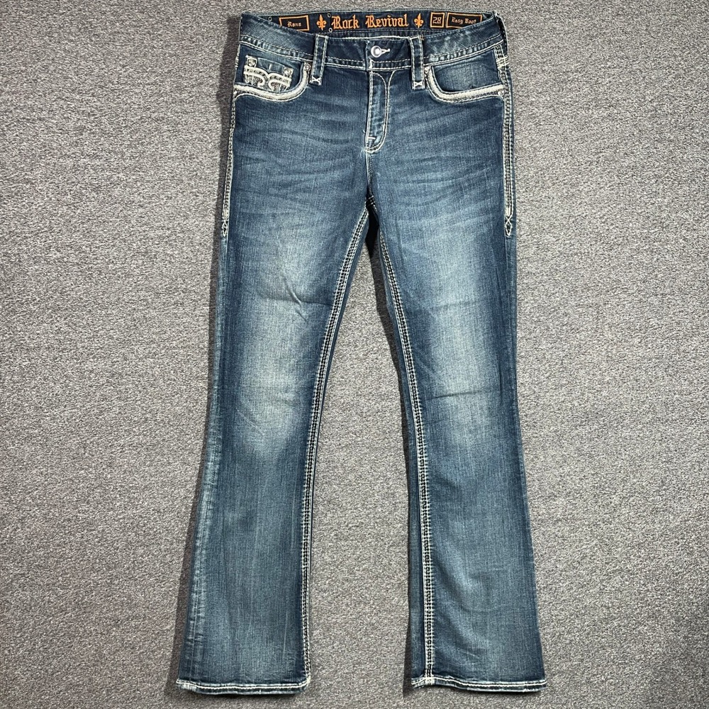 Rock Revival Rana Easy Boot Jeans 28 Medium Wash Bootcut Fleur De Lis Crystal